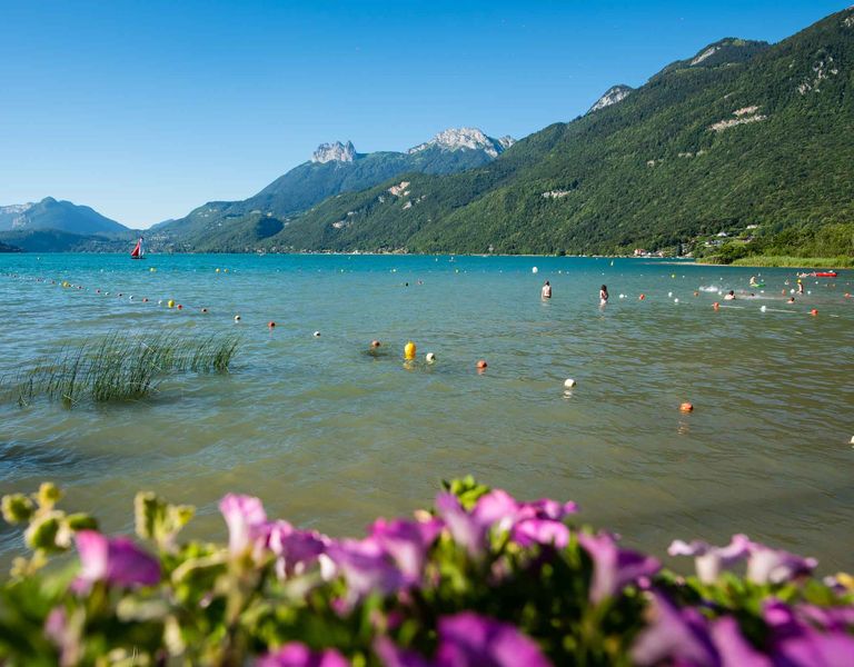 l'eau les montagnes, la rive en gravillons
